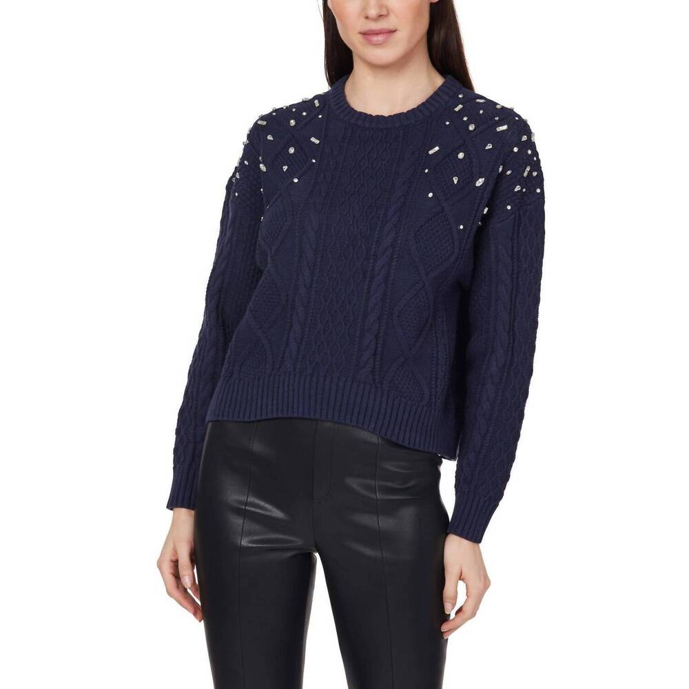 NEW HABITUAL embellished crew sweater in dark sapphire